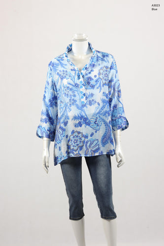 Summer Blue 3/4  Sleeve High Collar Shirt