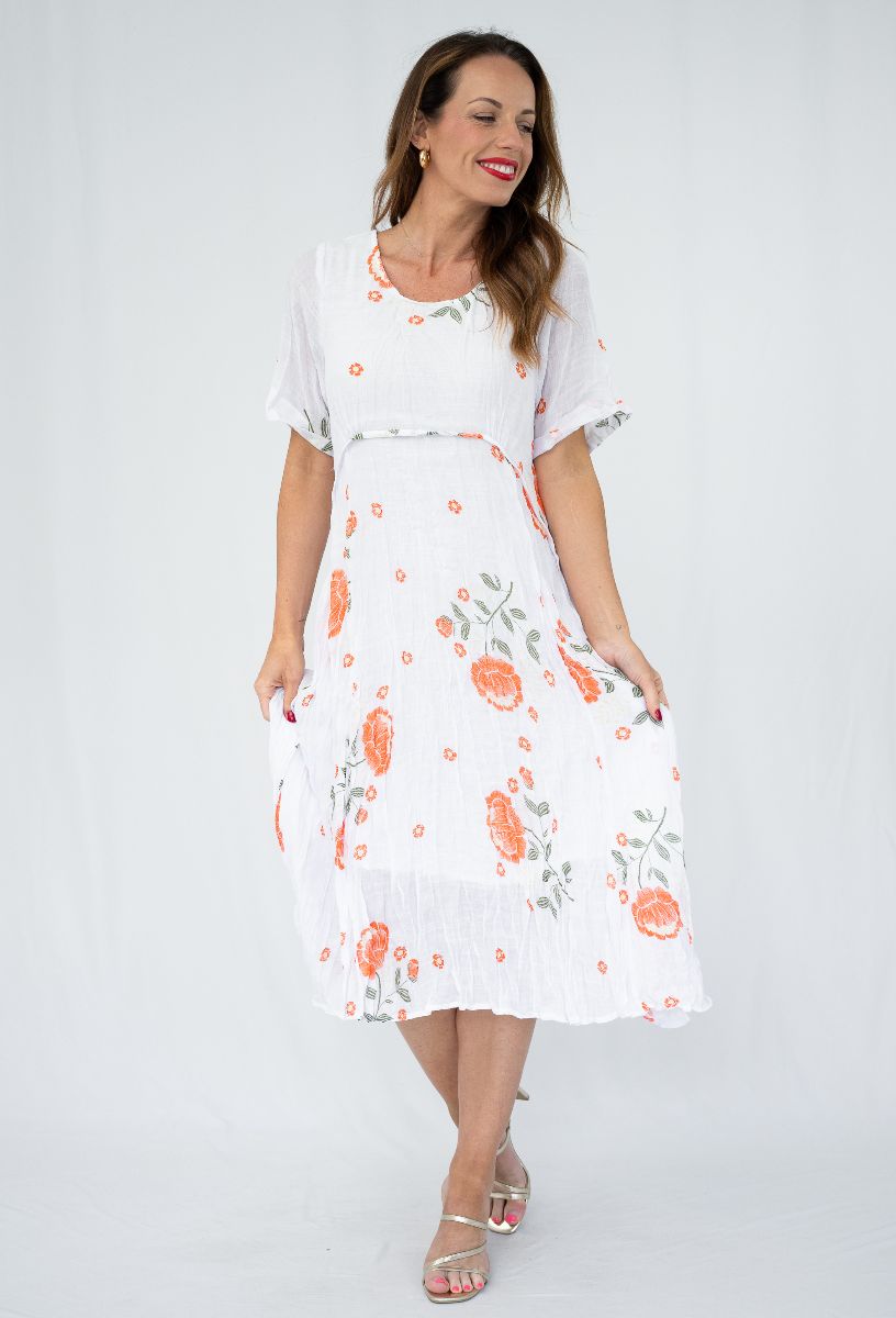 White Orange Floral Dress