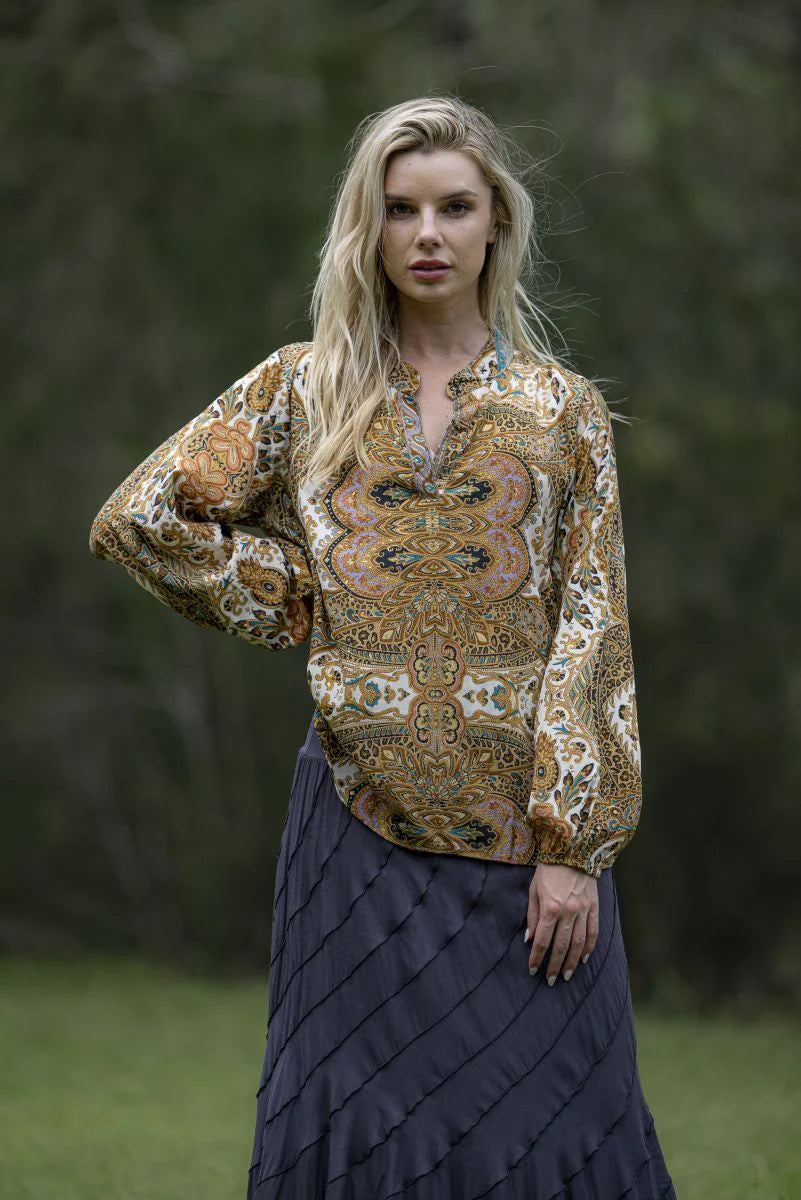 Donella Long Sleeve Blouse – Gold & Teal Leopard Print