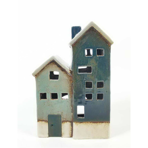 Double House tealight Holder Blue