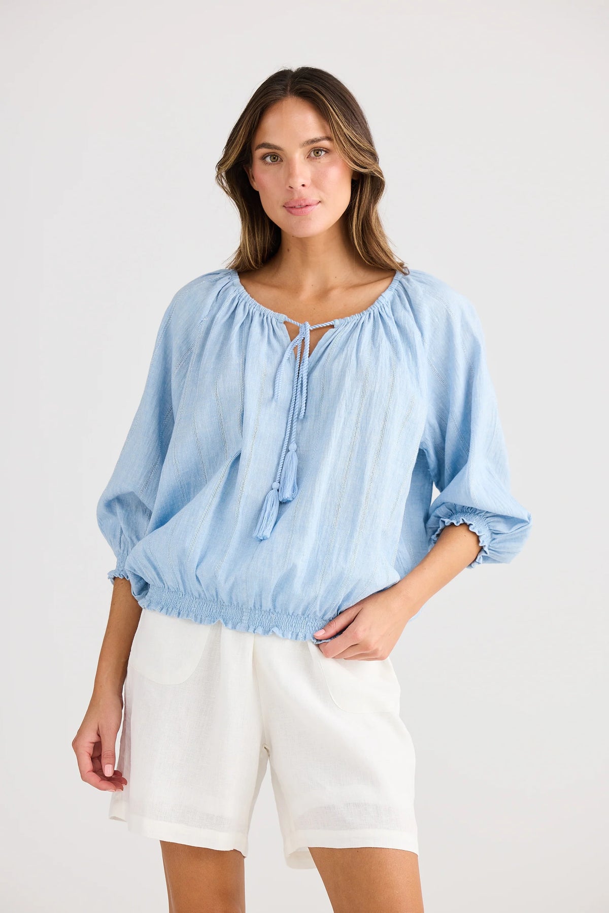 Holiday Trading Seaside Top – Blue Self-Stripe Blouse