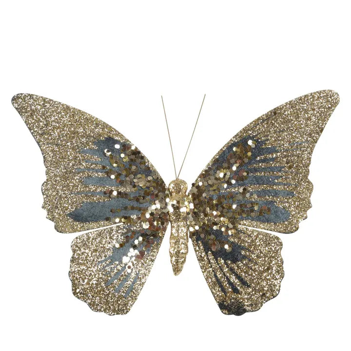 Golden Teal Shimmering Butterfly Christmas Ornament