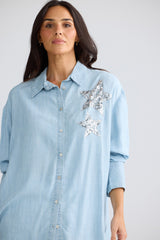 Homestead Shirt in Icey Blue - close-up star detail, Brave & True
