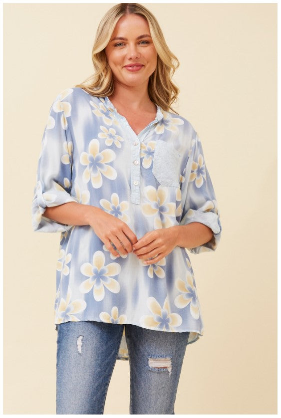 Floral 3/4 Sleeve Viscose Shirt with Sequin Detail