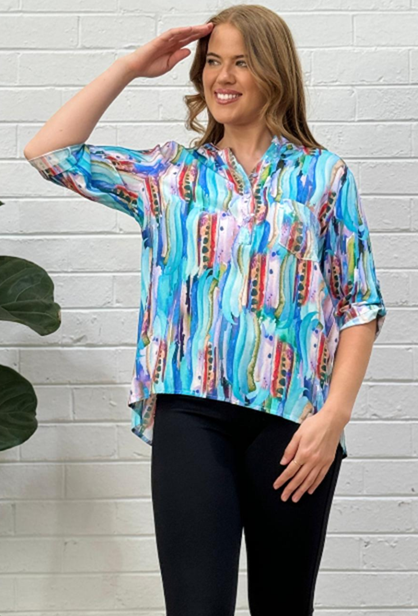 Abstract Print Sequin Top - Blue