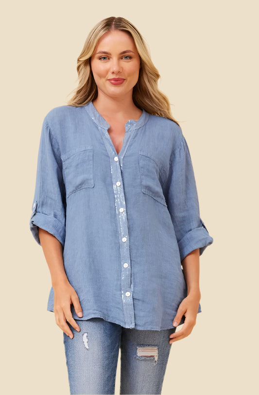 3/4 Sleeve Linen Shirt with Sequin Detail - Blue