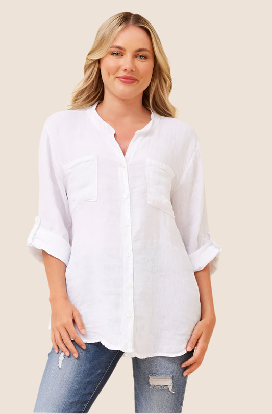 3/4 Sleeve Linen Shirt with Sequin Detail - White