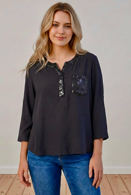 Blouse with Sequin Trim - Mocha