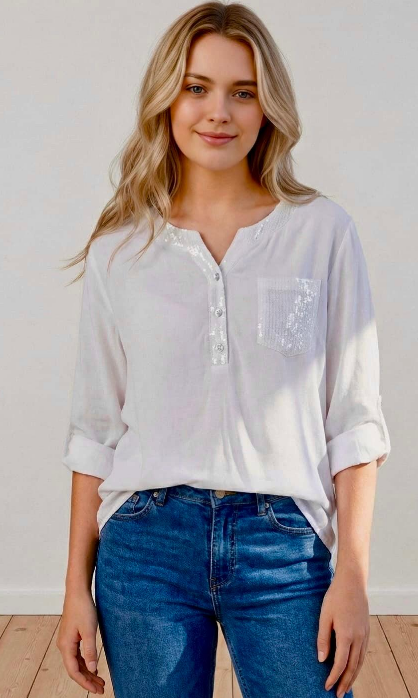 Blouse with Sequin Trim - White