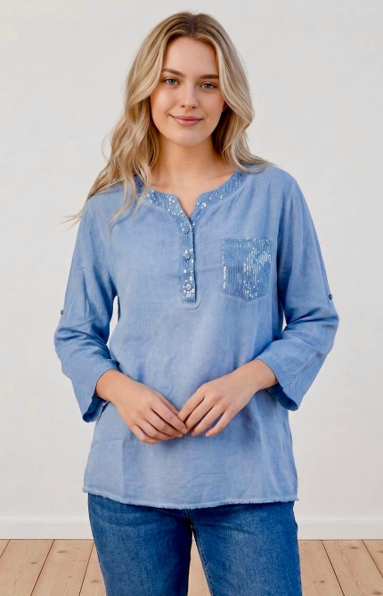 Blouse with Sequin Trim - Blue