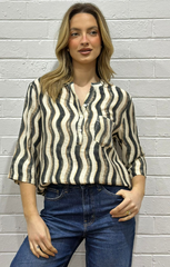 Abstract Print Sequin Top - Black