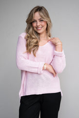 Silver Wishes Knit Top in Baby Pink - model wearing V-neck cotton knit