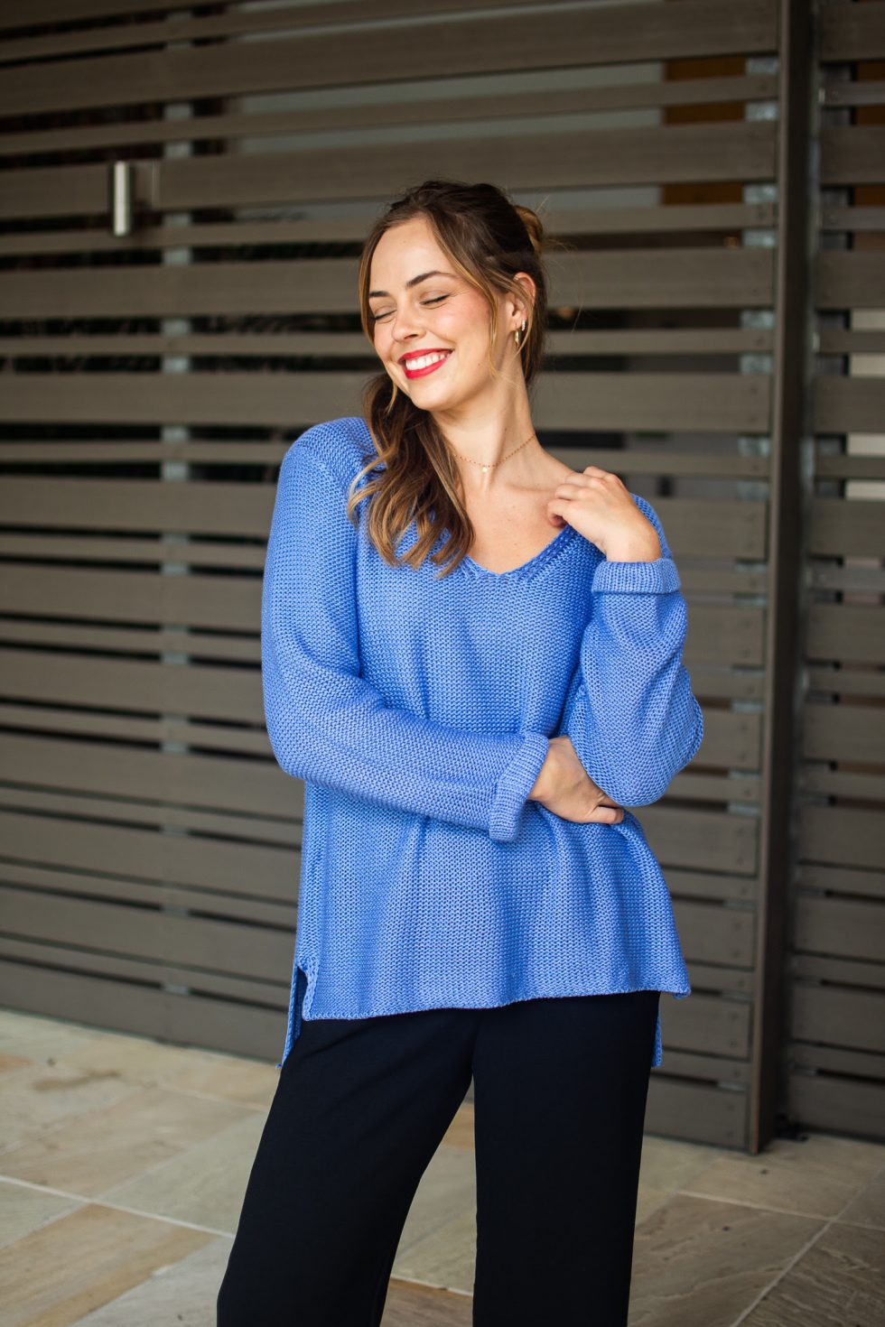 Silver Wishes Knit Top in Cornflower - styled model shot