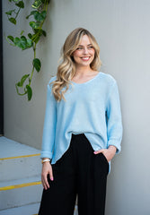 Silver Wishes Knit Top in Baby Blue - styled model shot