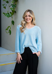 Silver Wishes Knit Top in Baby Blue - model wearing V-neck cotton knit