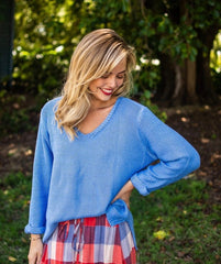 Silver Wishes Knit Top in Cornflower - model wearing V-neck cotton knit