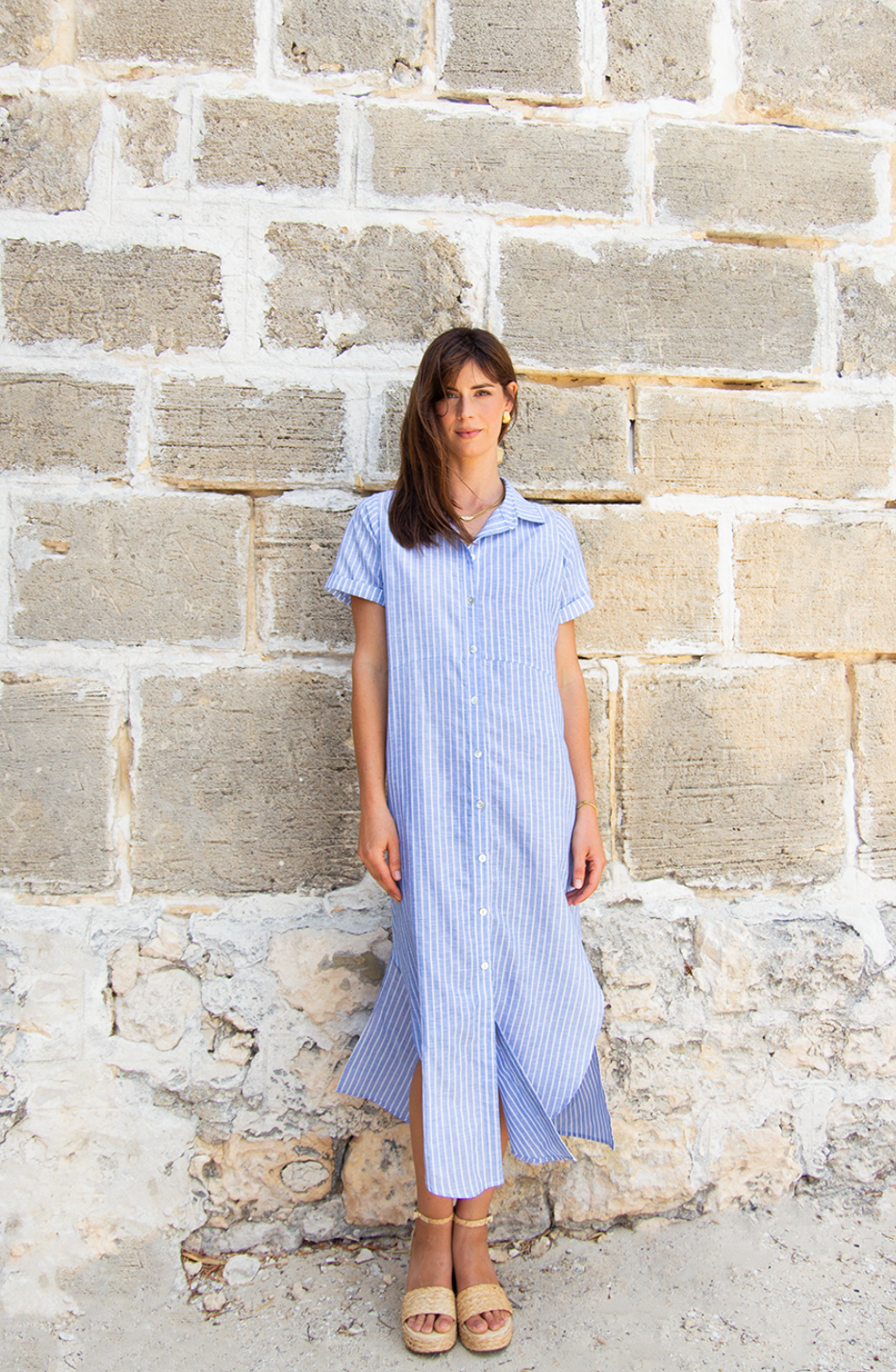 Scandi & Co Kia Shirtdress in Blue/White Stripe lifestyle shot 3