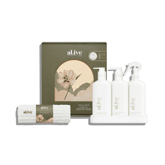al.ive body Kitchen Trio & Waffle Towel Gift Set – Lemon Myrtle & Honeydew