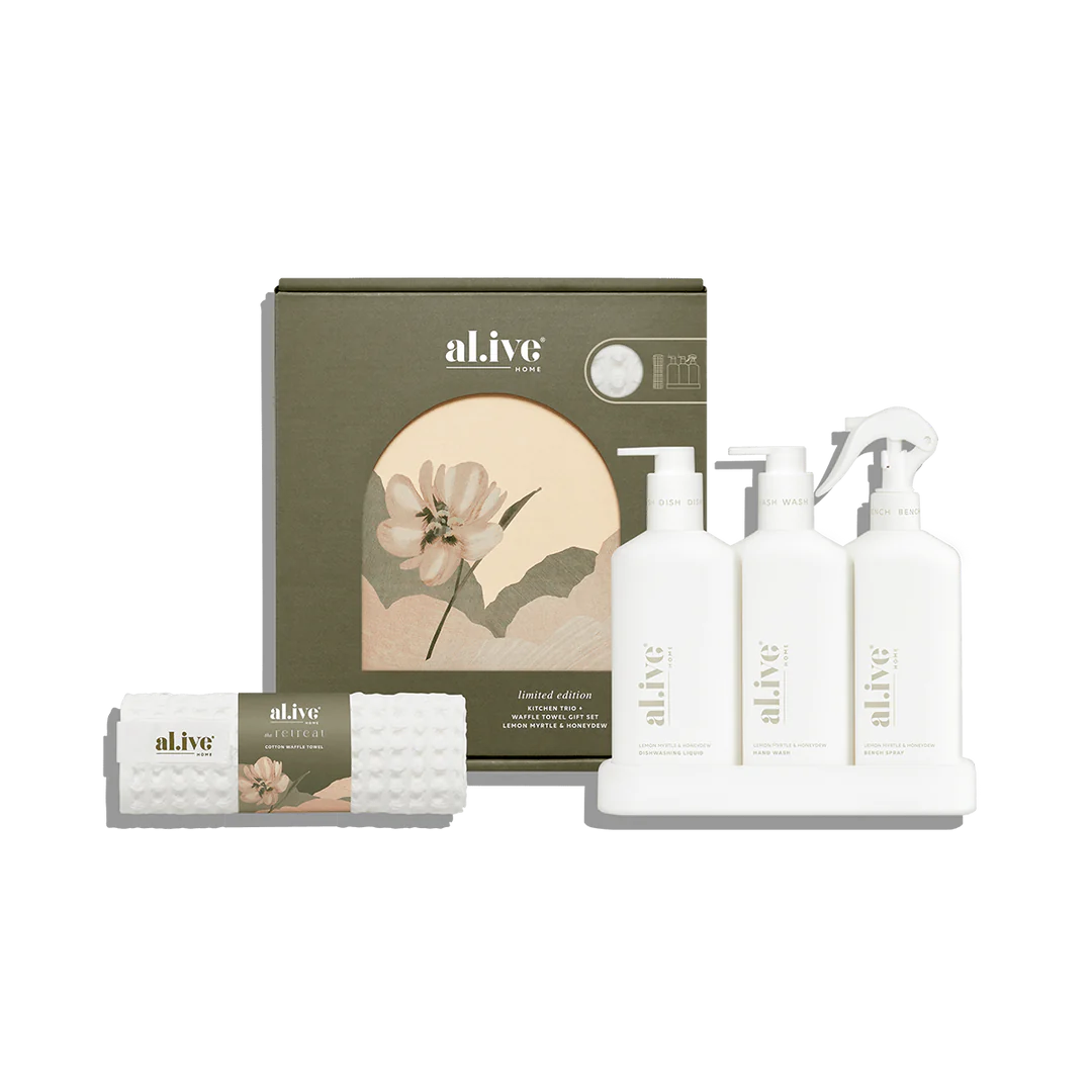 al.ive body Kitchen Trio & Waffle Towel Gift Set – Lemon Myrtle & Honeydew
