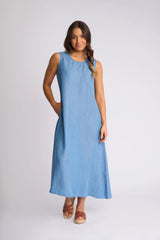 Knewe Label Sky Dress in Light Wash styled shot