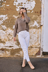 Knit V Collar in Mocha - front standing view
