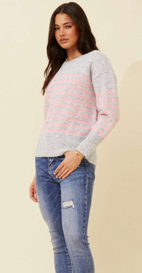 Grey & Pink Candy Stripe Knit Sweater