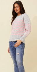 Grey & Pink Candy Stripe Knit Sweater