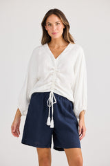 Holiday Happy Hour Top in white, V-neck with front ruching