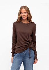 Label of Love Lara Long Sleeve Top in Chocolate Brown - model front view