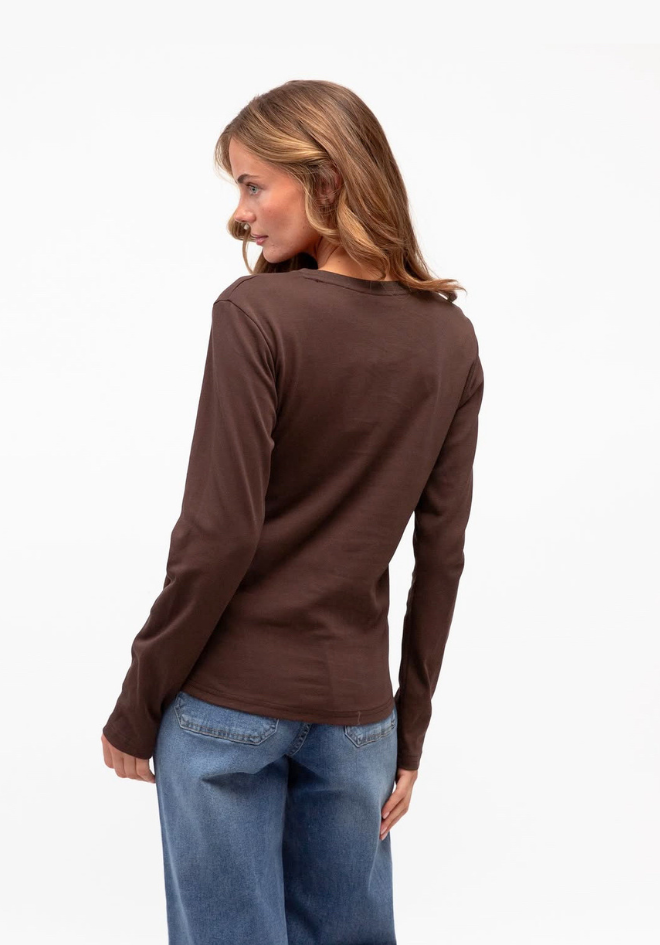 Label of Love Lara Long Sleeve Top in Chocolate Brown - back view