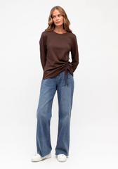 Label of Love Lara Long Sleeve Top in Chocolate Brown - full length model view