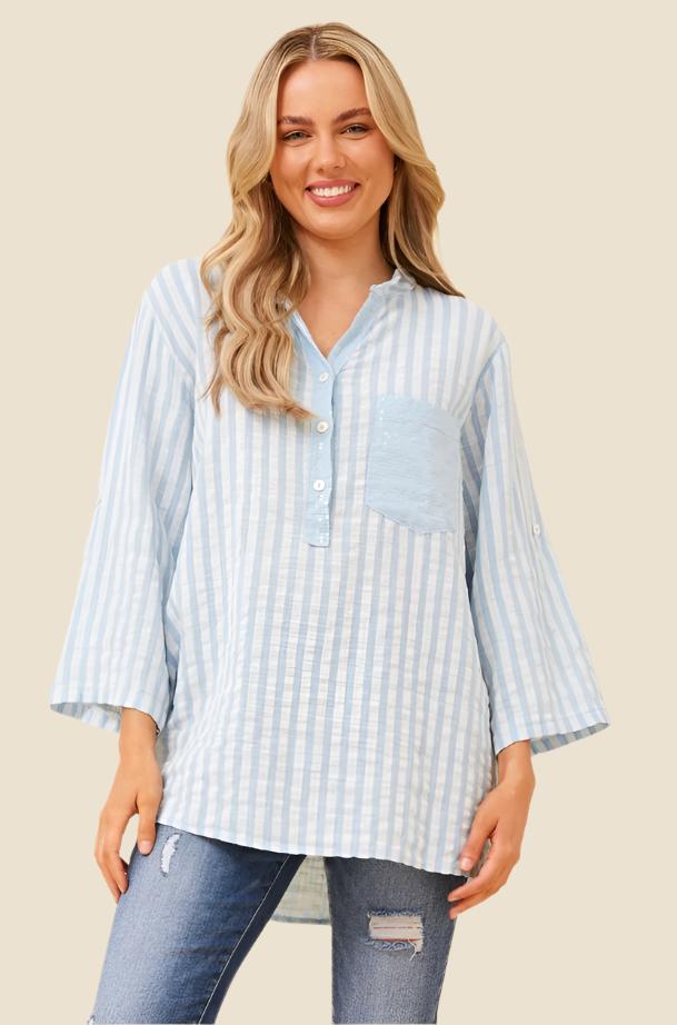 Striped Top with Sequin Detail - Blue