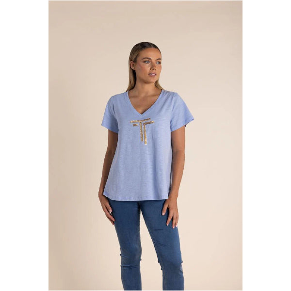 Sequin Logo V-Neck T-Shirt - Blue