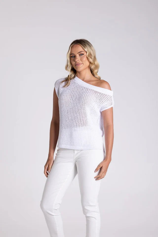 Tape Yarn Knit with Boat Neck - White