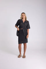 Tape Yarn Short Sleeve Cardigan - Charcoal