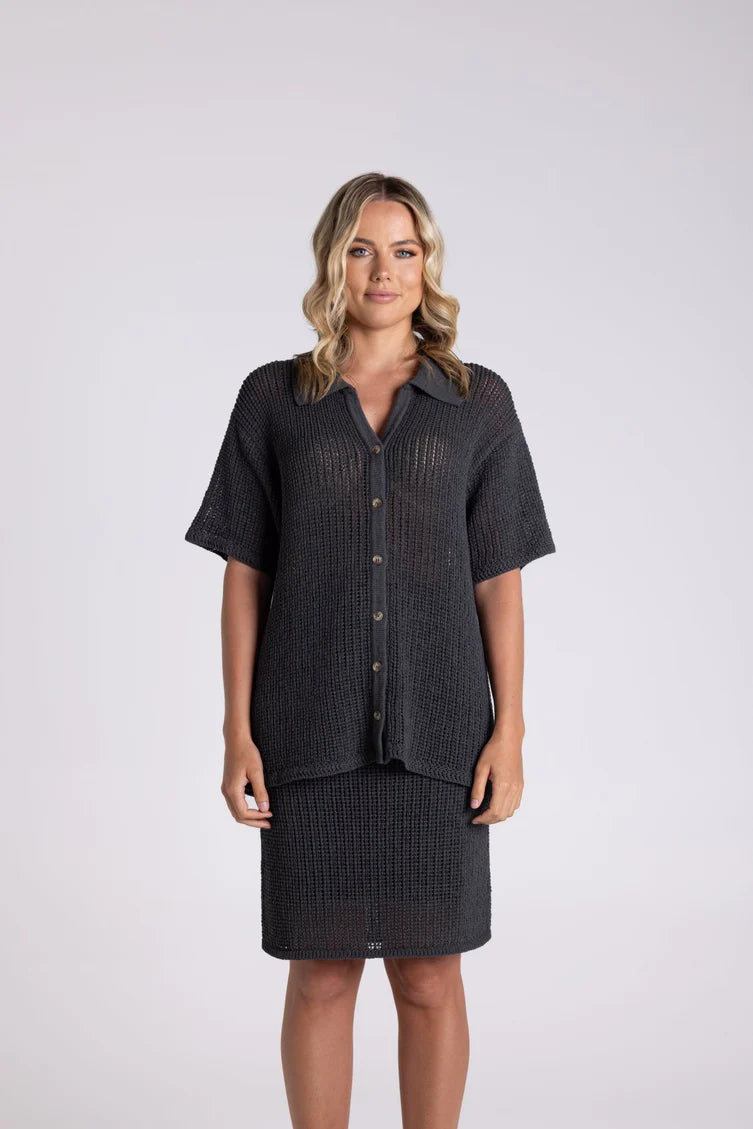 Tape Yarn Short Sleeve Cardigan - Charcoal