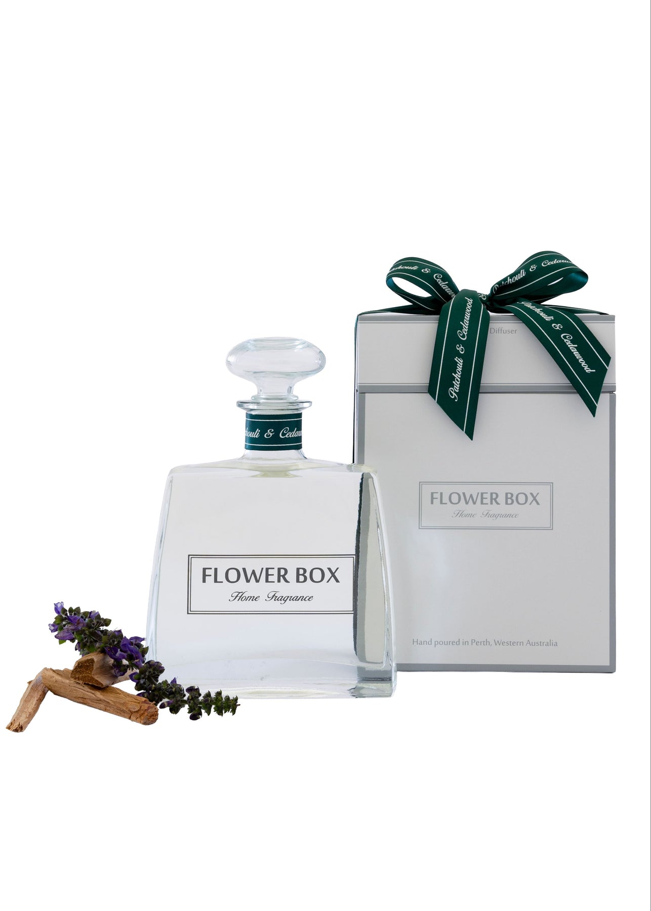 Flower Box Hallmark Diffuser Patchouli & Cedarwood in French glass vessel with reeds