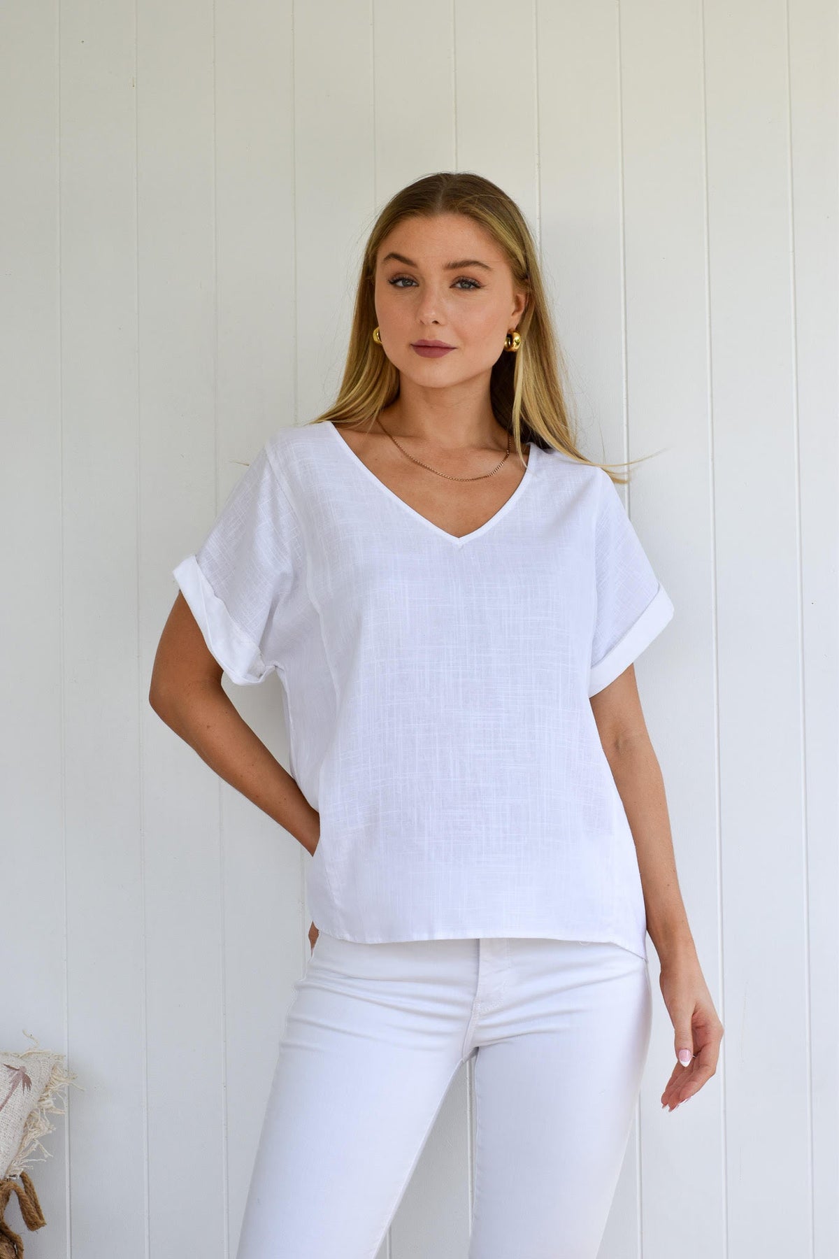 Women's White Viscose-Linen Top