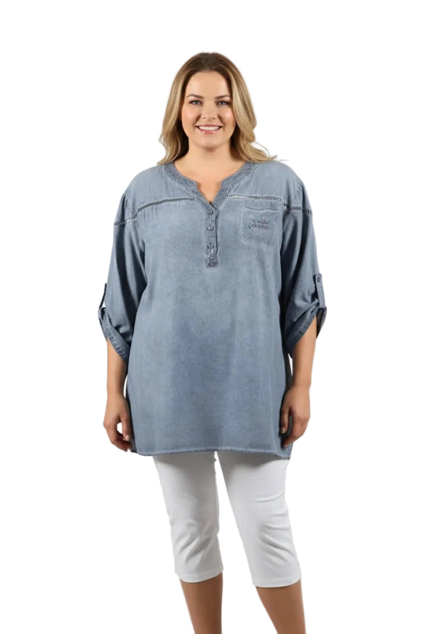Sequin Trim Blouse -Denim