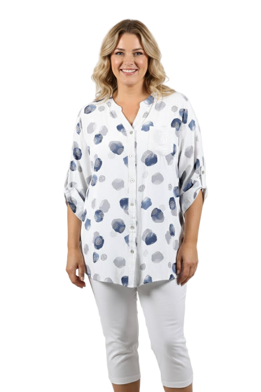 White Blouse with Blue Dots
