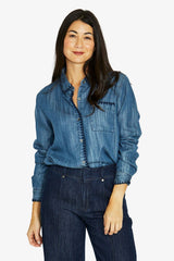 Jump Blanket Stitch Shirt in Denim Blue - model front view