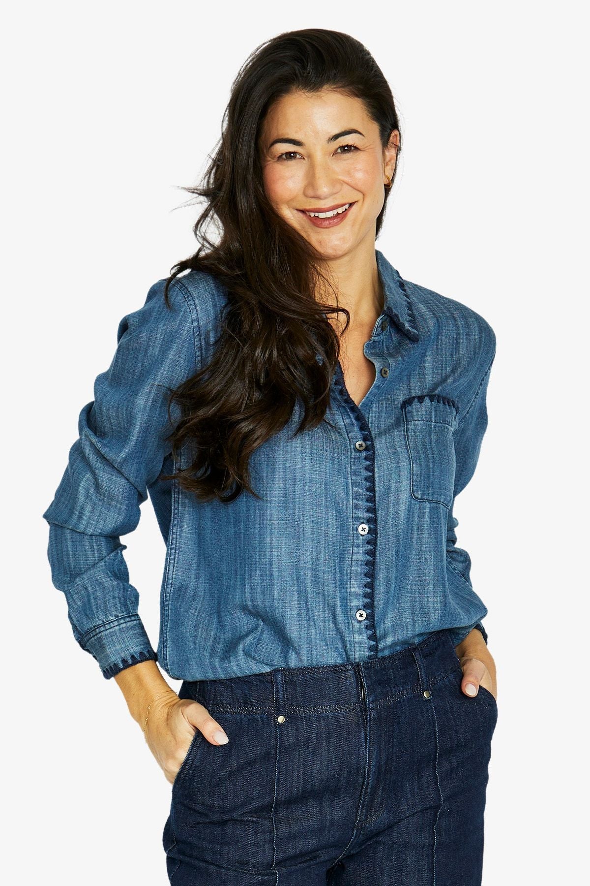 Jump Blanket Stitch Shirt in Denim Blue - lifestyle view