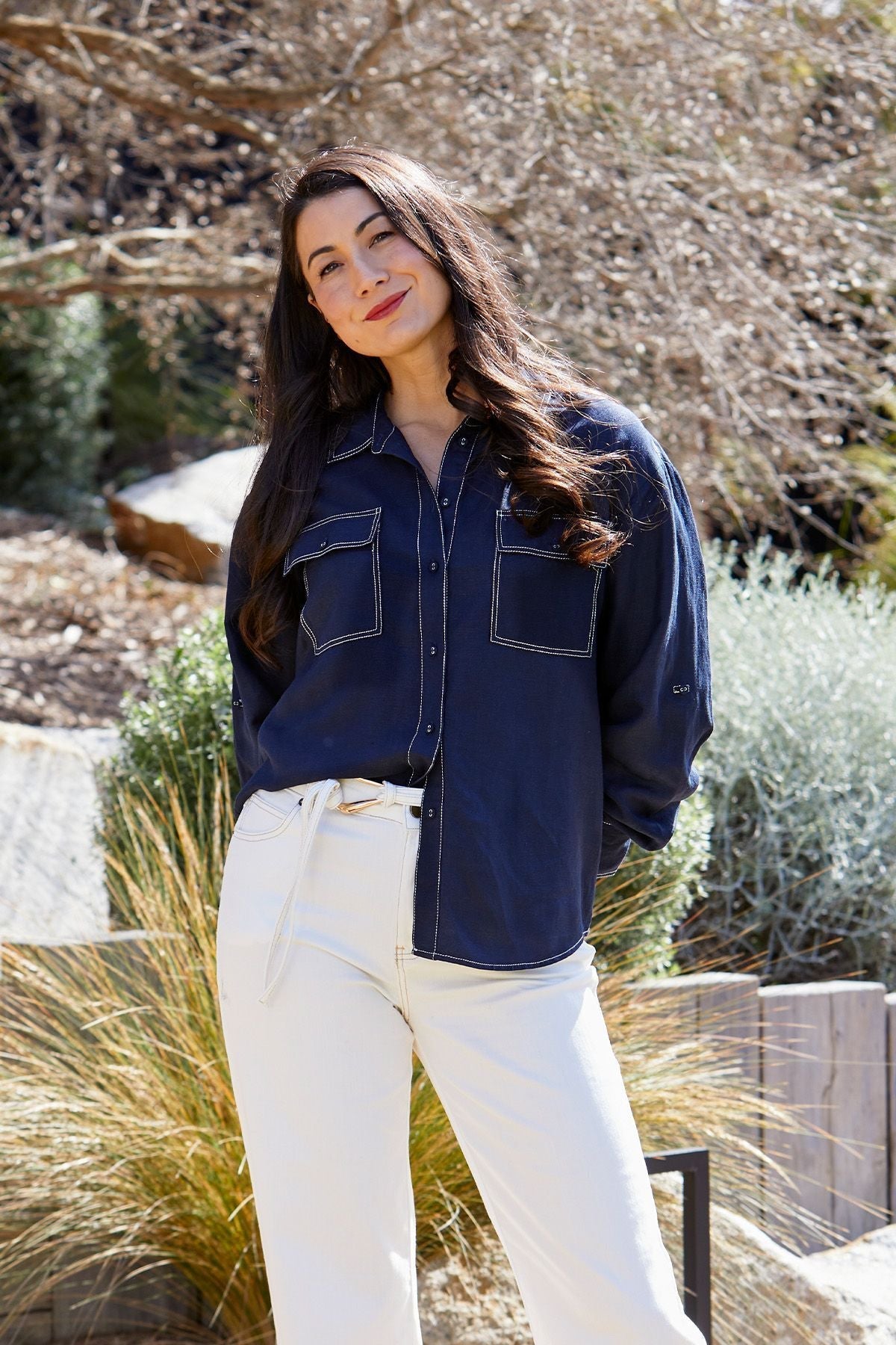 Jump Contrast Stitch Shirt in Navy - front view