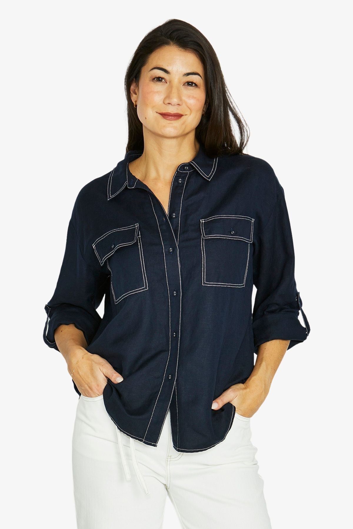 Jump Contrast Stitch Shirt in Navy - detail view