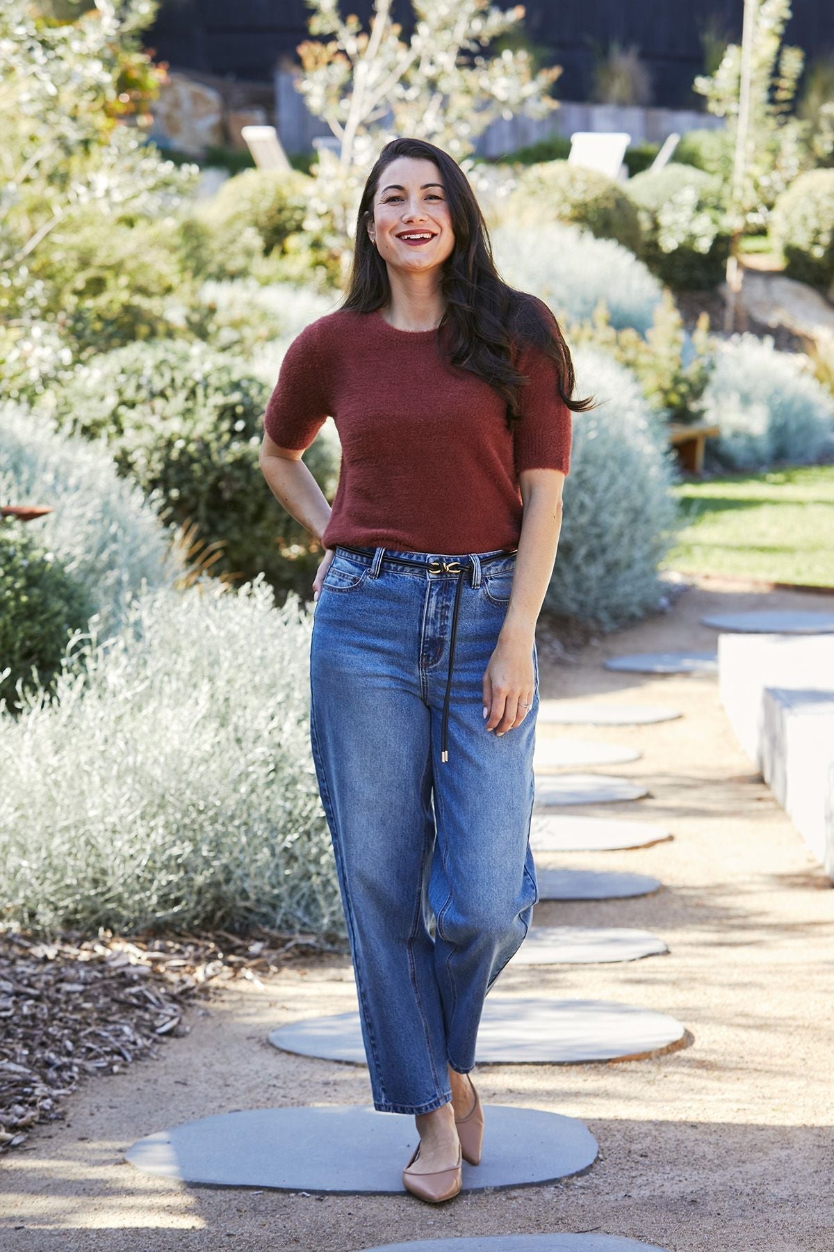Jump Fluffy Short Sleeve Crew Knit in Russet - front view