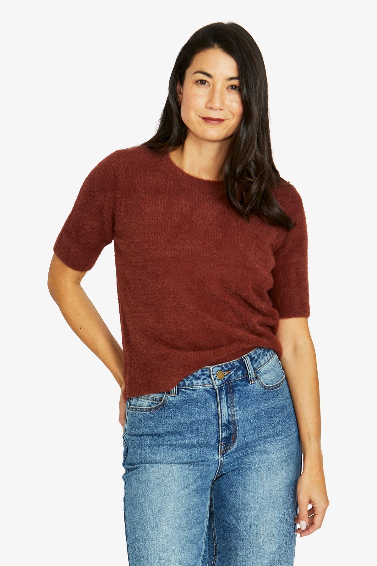 Jump Fluffy Short Sleeve Crew Knit in Russet - detail view