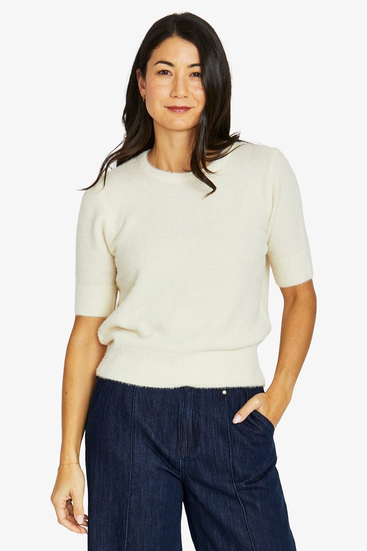 Jump Fluffy Short Sleeve Crew Knit in Pearl - lifestyle view