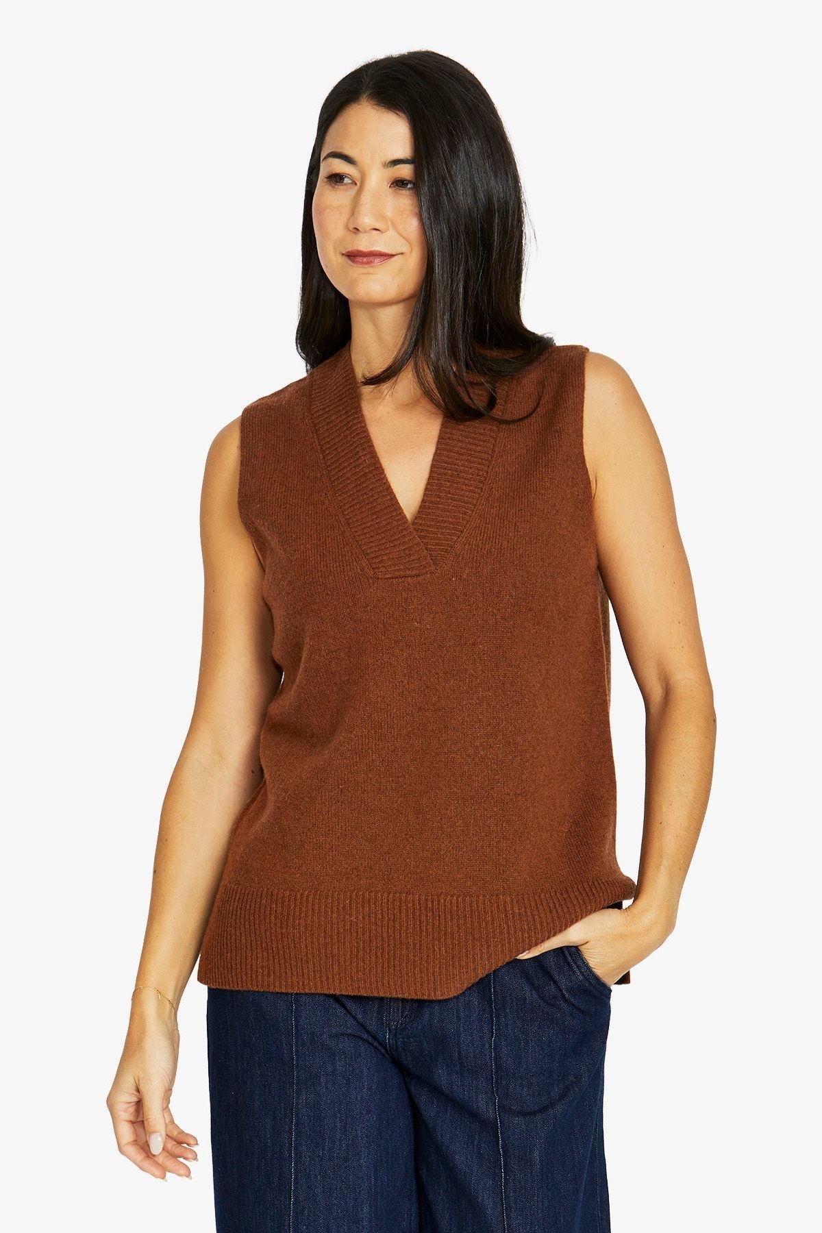 Jump V Neck Vest in Chestnut - back view