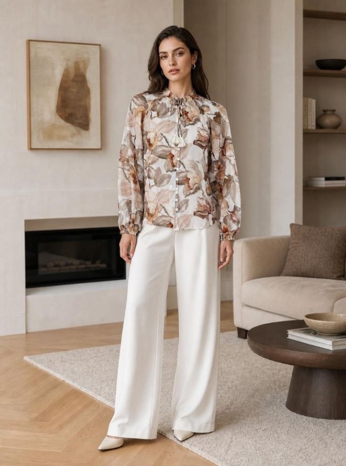 Yours Truly Floral Blouse in Beige - model wearing blouse with white wide-leg pants