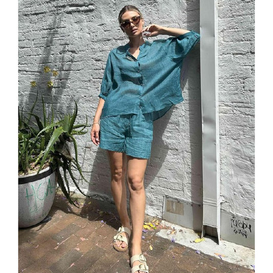 Worthier Linen Shorts Teal